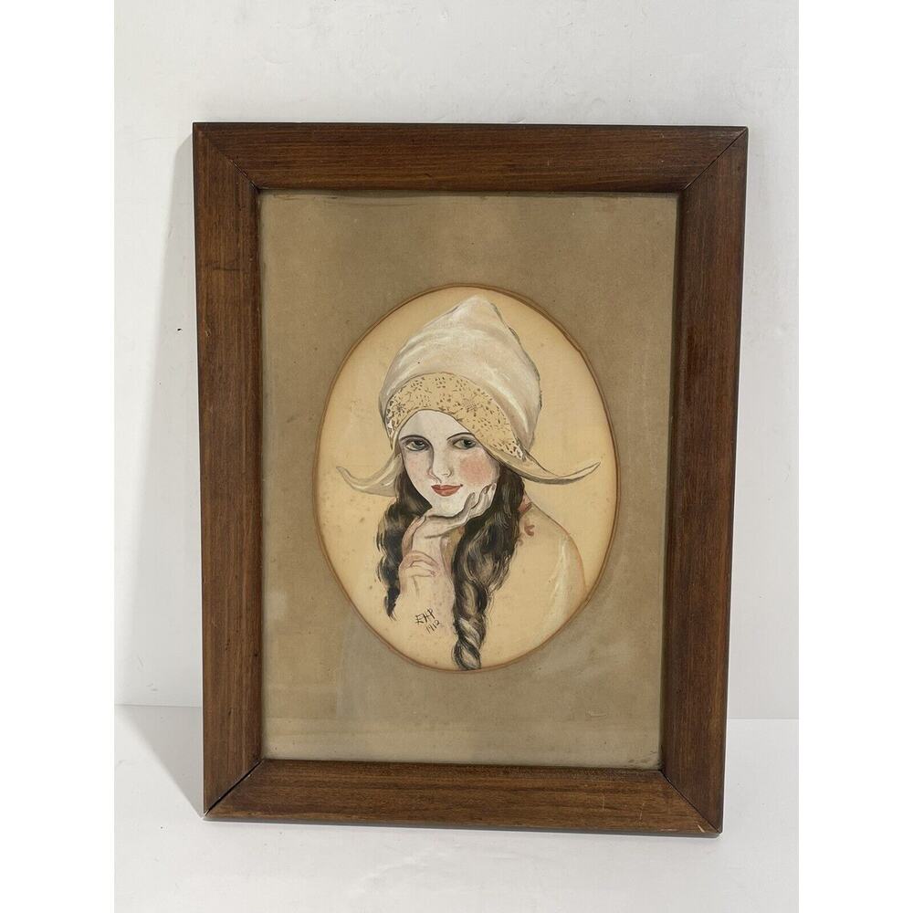 1912 Antique Portrait Painting of Young Woman EHP Stunning Unique 16x12” Framed‎